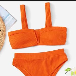 Ribbed V-Wired High Waisted Bikini Swimsuit L